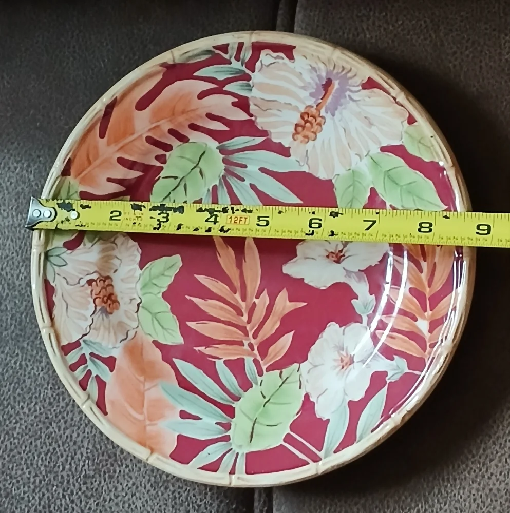 Home Trends Floral Decorative Plate Hibiscus And Bamboo Burgundy and Green